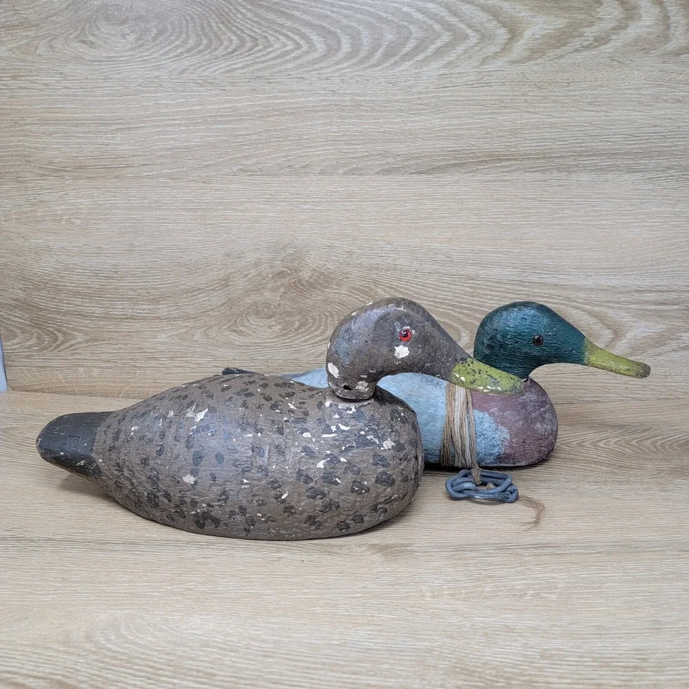 Vintage Wood Duck Decoy Pair Lot Red Glass Eyes Folk Art Carved Lodge‎ Rustic